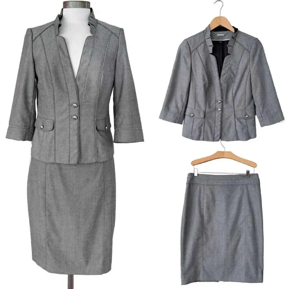 WHITE HOUSE BLACK MARKET Herringbone 2-Piece Skirt Suit Size 6 Ruffle Collar